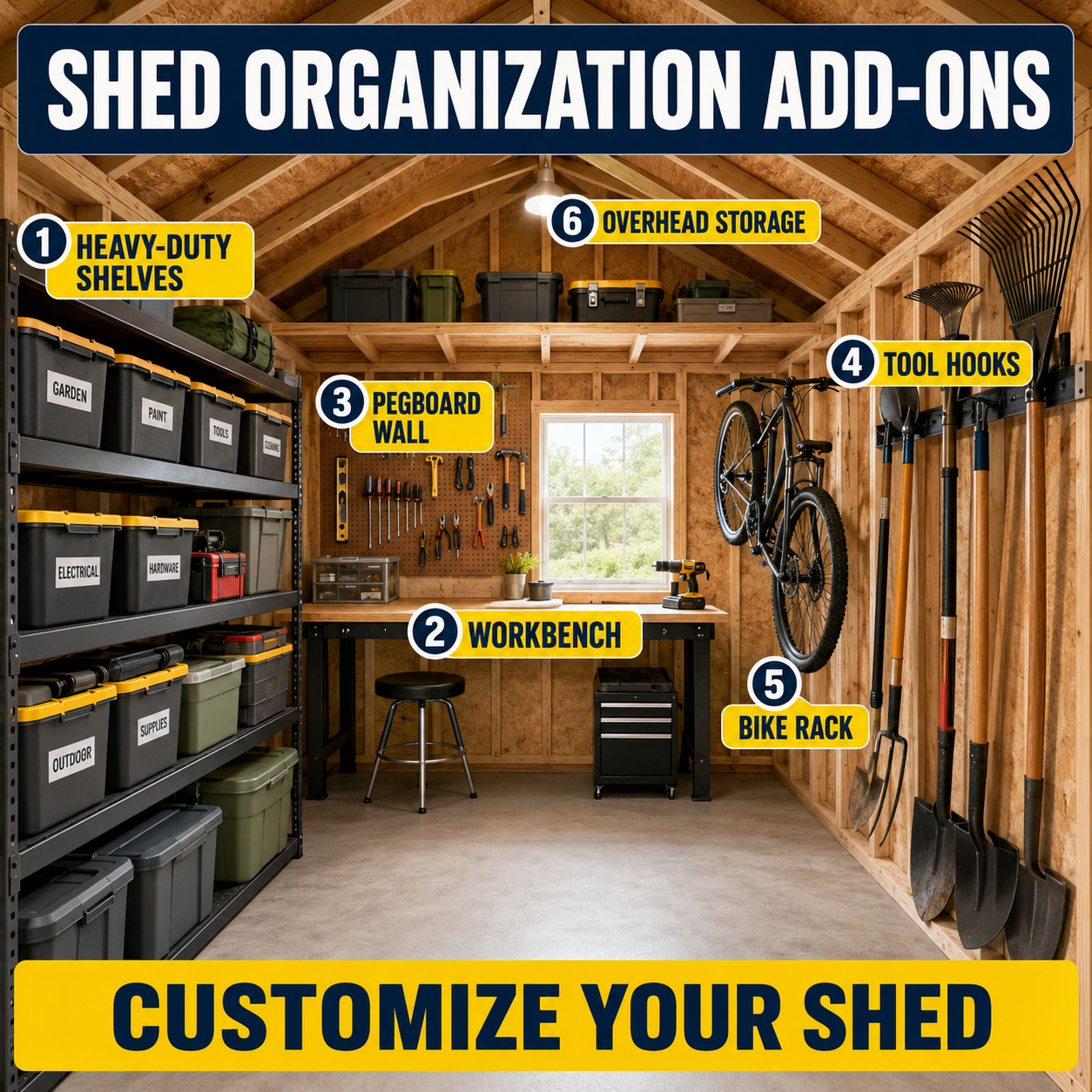Organized YardBox interior with shelves, workbench and tool storage